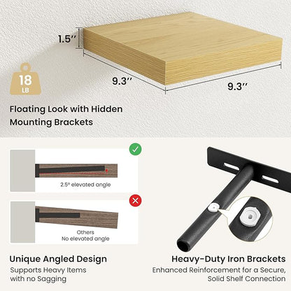 Fun Memories Rustic Wood Floating Shelves for Wall, Space-Saving Wall Mounted Shelves for Bathroom, Bedroom, Living Room and Kitchen, Stylish Storage & Display (Set of 4, Oak, 9.3 in)