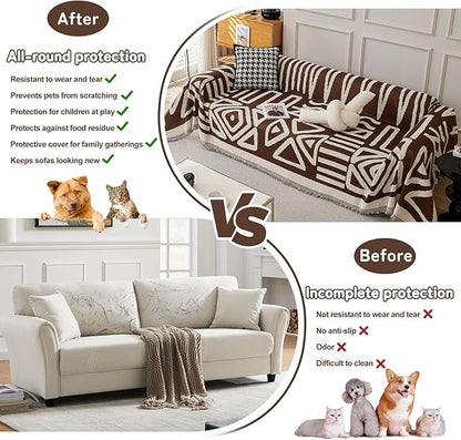 HANDONTIME Chocolate Boho Couch Cover Reversible Sofa Covers for 3 Cushion Washable Chenille Couch Protector, 71" X150
