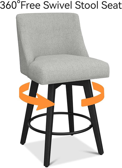 Counter Height Bar Stools Set of 8, Modern Swivel Barstools with Back and Wood Legs, Linen Fabric Upholstered Bar Chairs, 26" H Kitchen Counter Stools, Kitchen Island Home Bar, Light Grey