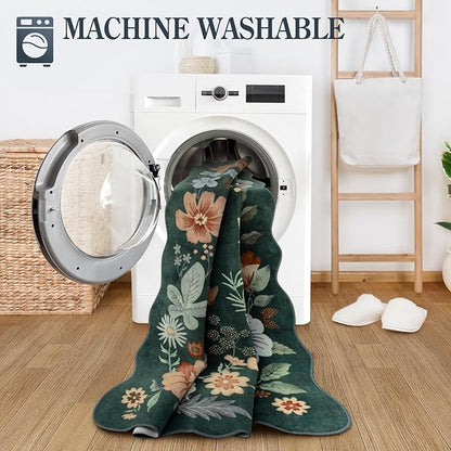 Lahome Floral Washable Rug- 4x6ft Green Bedroom Girls Ultra-Thin Soft Living Room Non-Slip Stain Resistant Boho Lightweight Throw Rug for Nursery Office, Dark Green
