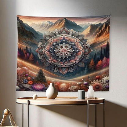 Ambesonne Hippie Tapestry, Modern Scandi Blooming Trippy Flower with Mountain Landscape Woodland, Fabric Wall Hanging Decor for Bedroom Living Room Dorm, 28" X 23", Pale Vermilion Cadet Blue