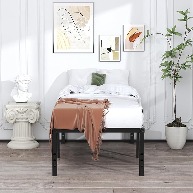 EMODA 20 Inch Twin Bed Frame No Box Spring Needed, Heavy Duty Tall Metal Twin Platform Bed Frames with Large Storage Space, Noise Free, Easy Assembly, Black