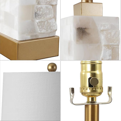 JONATHAN Y 23" Gold/White 2-Light Alabaster and Metal LED Table Lamp, Coastal Glam Modern Bedside Lamp with Nightlight Base and Linen Shade, LED Bulbs Included JYL6202A