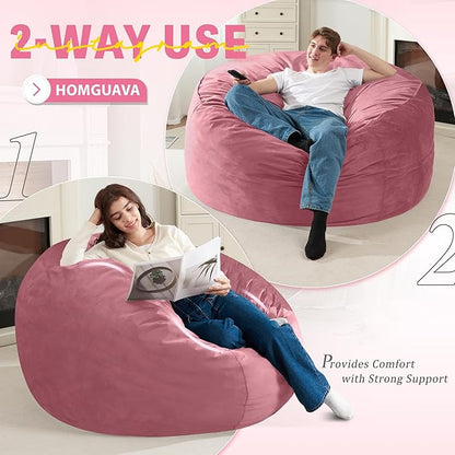 Homguava 4 FT Bean Bag Chair: 4' Bean Bags with Memory Foam Filled, Large Beanbag Chairs Soft Sofa with Dutch Velvet Cover-Dusty Pink