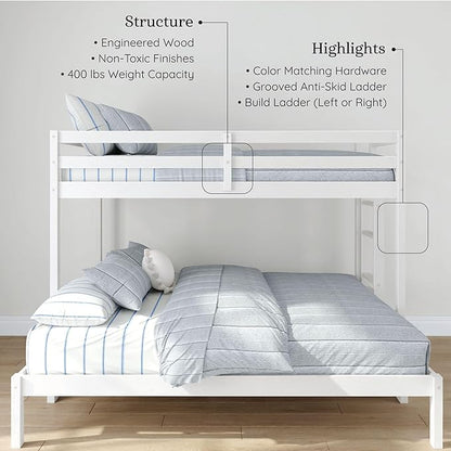 Grain & Grove Bear Twin XL Over Queen Bunk Bed, Sturdy Bunk Bed Frame for Kids, Plywood Bunk with Ladder, Guardrail, and Slats, No Box Spring Required, Brushed White