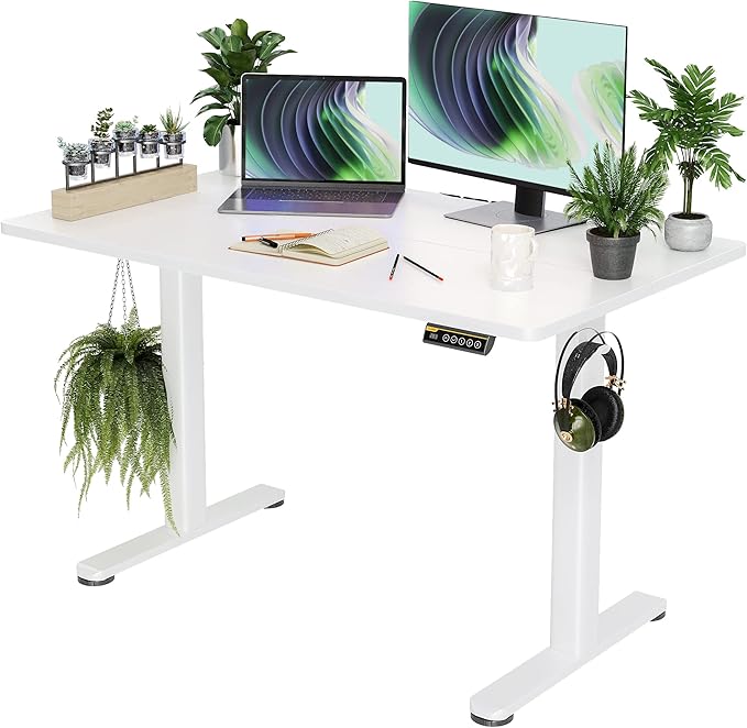 Claiks Electric Standing Desk, Adjustable Height Stand up Desk, 48x24 Inches Sit Stand Home Office Desk with Splice Board, White Frame/White Top