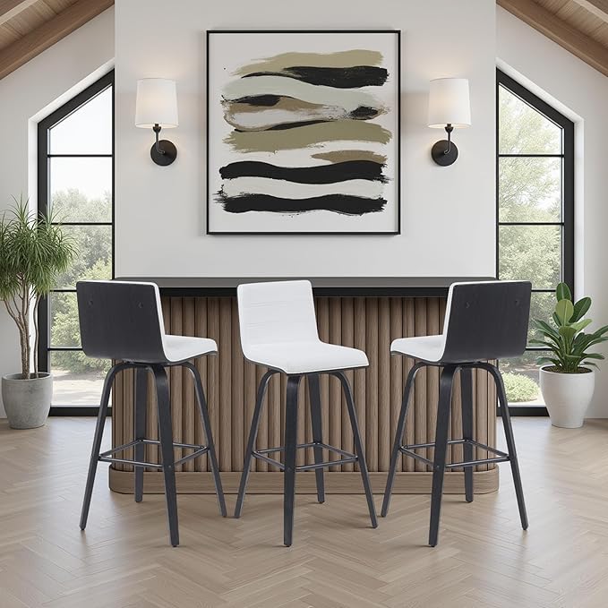 Vienna Modern Swivel Bar Height Stool with Snow White Faux Leather Seat and Black Brushed Wood Frame Set of 4