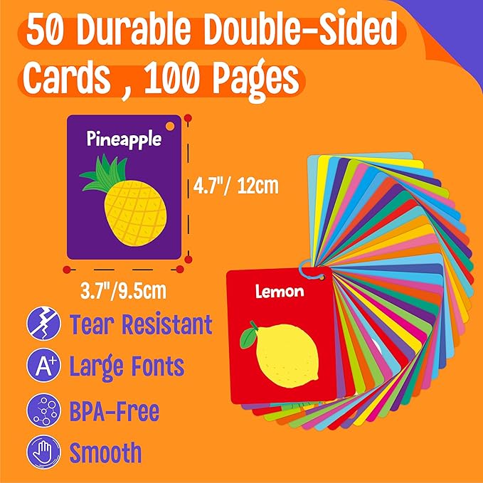 Food Flashcards, 50 Double-Sided Cards, Veggies, Fruits, Snacks, Desserts, Grain Cards Educational Learning Tools for Preschool and Toddlers Learning (2 Reclosable Rings Attached)