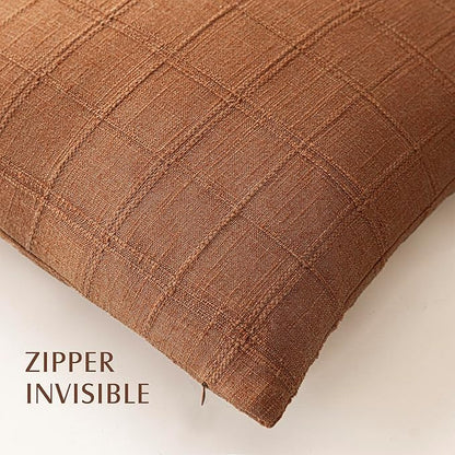 Foindtower Set of 2 Decorative Linen Check Throw Pillow Covers Neutral Farmhouse Vintage Cushion Covers Modern Boho Home Decor for Sofa Chair Couch Bedroom Living Room Outdoor,20×20 Inch,Orange