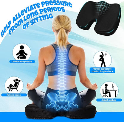 Ergonomic Seat Cushion with Memory Foam for Office Chair, Car Seat, Non-Slip Cushion, Sciatica & Tailbone Relief, Breathable Mesh Cover, Portable Handle - Black