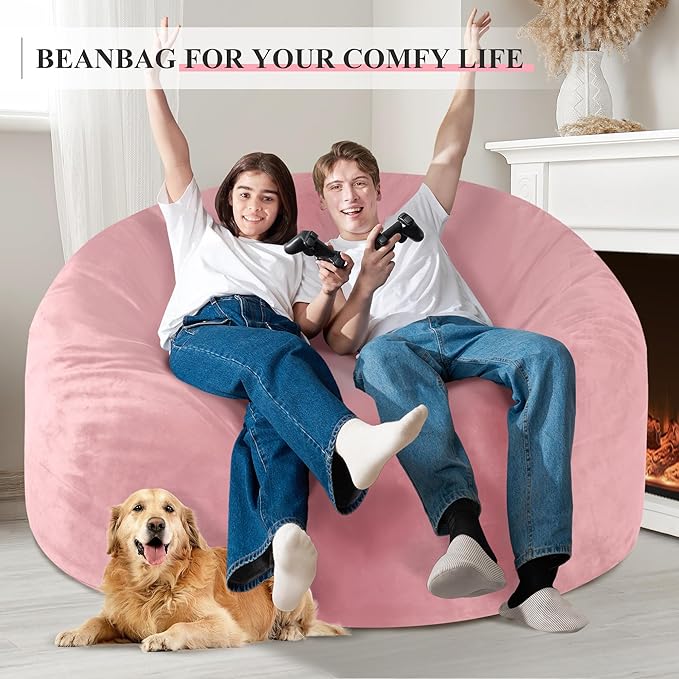 Homguava 5 FT Bean Bag Chair: 5' Bean Bags with Memory Foam Filled, Large Beanbag Chairs Soft Sofa with Dutch Velvet Cover-Light Pink