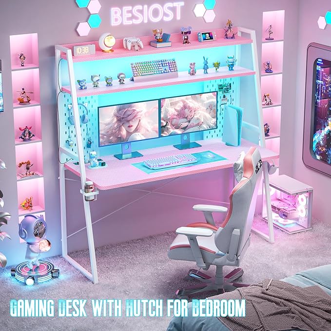 Gaming Desk with Hutch and LED Lights, Gaming Computer Desk with Power Outlets, Gamer Desk with Storage Shelves, PC Game Desk with Pegboards for Bedroom, Carbon Fiber Pink, 49"