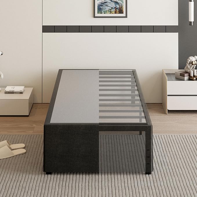 18 Inch Twin Bed Frames with Black Bed Cover, Metal Twin Size Bed Frame No Box Spring Needed, Heavy Duty Mattress Foundation, Easy Assembly, Noise Free