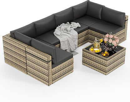 7-Piece Outdoor Sectional Sofa Set, Weather-Resistant Patio Furniture Set with Washable Cushions and Coffee Table, Brown Rattan Patio Conversation Set for Poolside, Backyard, Deck (Black)