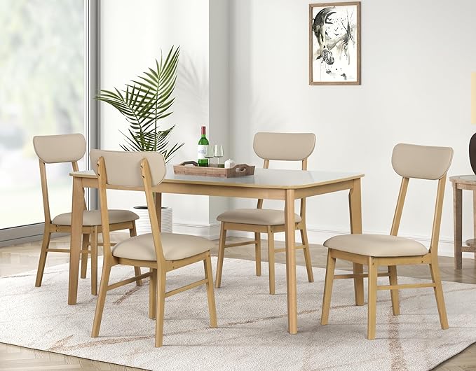 Merax 6-Piece Dining Table Set, One Table One Bench and Four Chairs, High Gloss White Tabletop with Light Oak Color