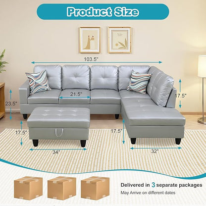Couches for Living Room PU Leather L Shaped Couch Comfy 3 Pieces Sectional Sofa with Chaise, Ottoman with Storage for Office and Small Apartment, Silver