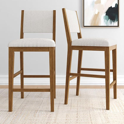 Plank+Beam Sereno Bar Stool, 30", Set of 2, Sturdy Wood Modern Kitchen Bar Height Stool, Upholstered Cushion Bar Chair with Back, Pecan/Ivory
