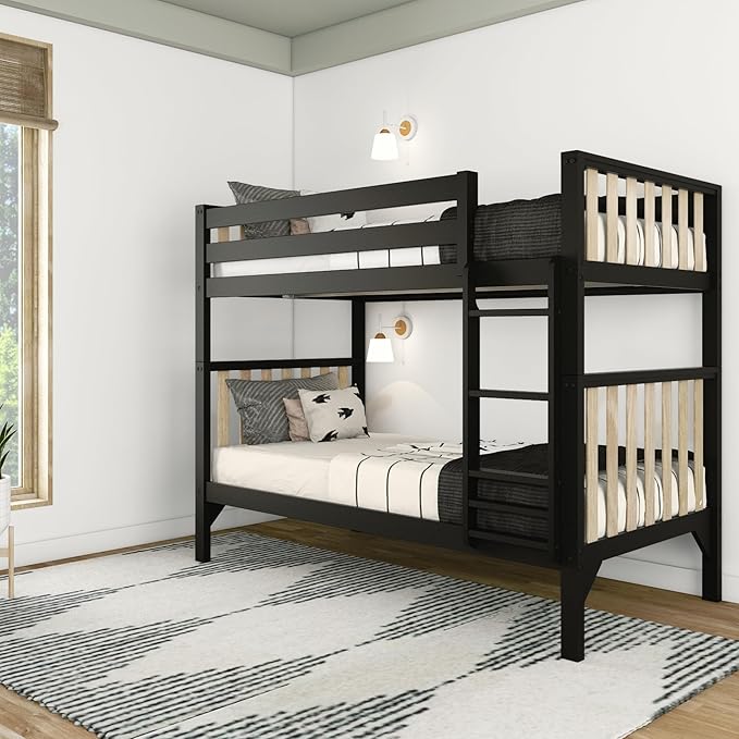 Max & Lily Bunk Bed, Scandinavian Modern Bunk Bed, Solid Wood Twin-Over-Twin Bed Frame for Kids, No Box Spring Needed, Black/Blonde