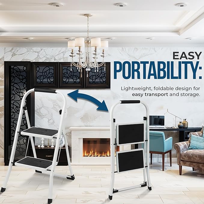 SIMPLI-MAGIC 2-Step Ladder, 350 LBS Capacity Folding Step Stool – Anti-Slip Wide Steps & Handgrip – ANSI Certified Lightweight & Durable Steel Stepping Stool for Kitchen, Home, Office & Garage