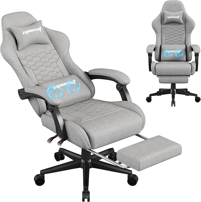 Gaming Chair, Computer Chairs for Adults with Lumbar Support and Massager, Comfortable Gamer Chair with Footrest & Pocket Spring Cushion, Ergonomic Home Office Chair, Grey, Fabric