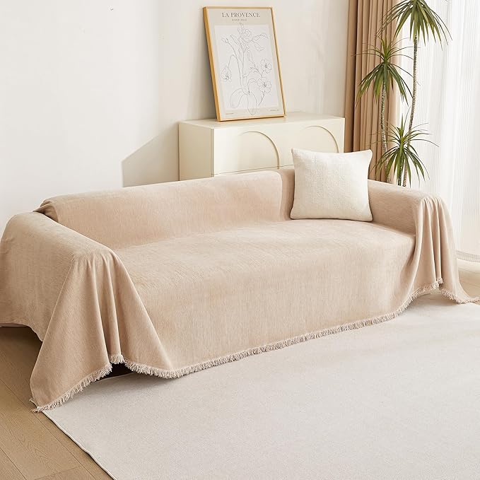 MYSKY HOME Khaki Sectional Sofa Covers Chenille Couch Cover for Dogs Solid Sofa Cover for 3 Cushion Couch Washable Couch Covers with Tassel Edge L Shape Sofa Throw Large Sofa Slipcover, 71" X134"