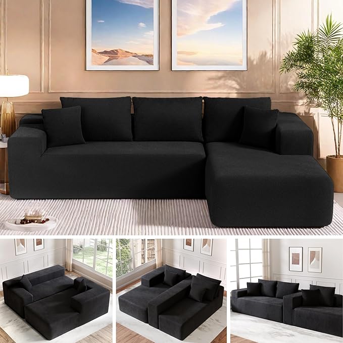 Cloud Sectional Couch, 104”L-Shape Oversized Sofa with Left Chaise Lounge, Modular Sleeper Couch with Pillows & Deep Seat, Rain Drop Velvet Fabric Compressed Sofa for Living Room, Black