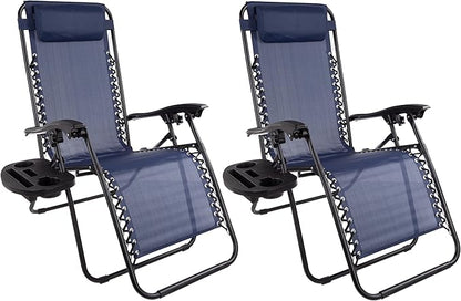 Zero Gravity Chairs - Set of 2 Outdoor Chairs with Side Tables with 2 Cupholders, Phone, and Tablet Holder and Chair Pillow by Lavish Home (Navy)