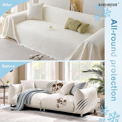 HANDONTIME Cooling Dog Couch Cover Ice Silk Washable & Breathable Pet Sofa Protector, Durable Couch Covers for Sofa Pet Friendly Soft Dog Cooling Bed Cover Sofa Protector Covers (Ivory, 71"x118")