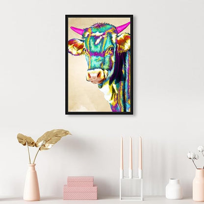 Country Farmhouse Canvas Print Painting Animal Wall Art 'Fun Colorful Glam Farm Cow' Black Framed Canvas Rustic Home Décor 10x15 in Green, Pink by Oliver Gal