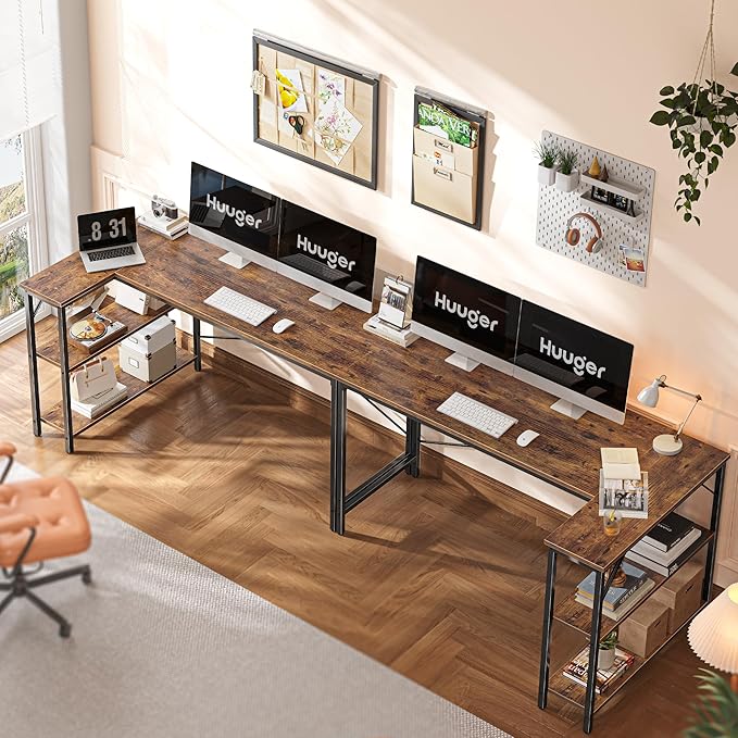 Huuger L Shaped Desk, 55 Inches Computer Desk with Reversible Storage Shelves, for Gaming Corner Home Office Writing Study, Metal Frame, Rustic Brown