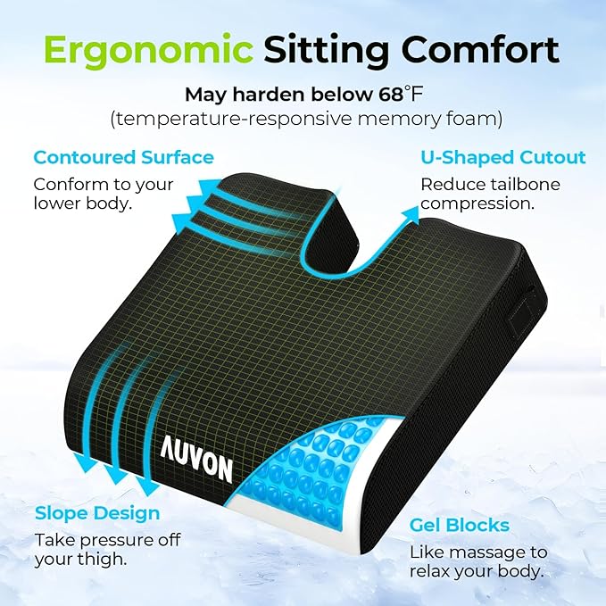 AUVON Gel Wheelchair Seat Cushion, Relieve Sciatica, Back, Coccyx, Pressure Sore and Ulcer Pain, Refreshing Ergonomic Chair Cushion with Waterproof Silk Fabric, Anti-Slip Cover