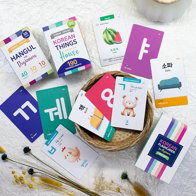 Korean Flashcards 2-Pack Beginner Gift Set - 40 Hangul, Numbers, Colors & Things Around The House Voc for Beginners with MP3 Audio