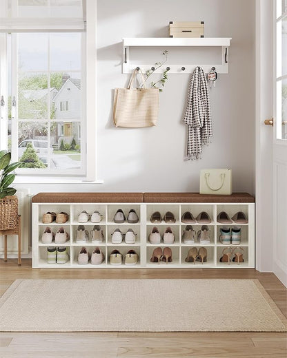 Shoe Storage Bench with Cushion, Entryway Storage Bench with 18 Cubbies, 9.5" Widened Organizer Cabinet, Long Cubby Rack for Living Room, Bedroom, Entryway, White and Brown SB25714KA