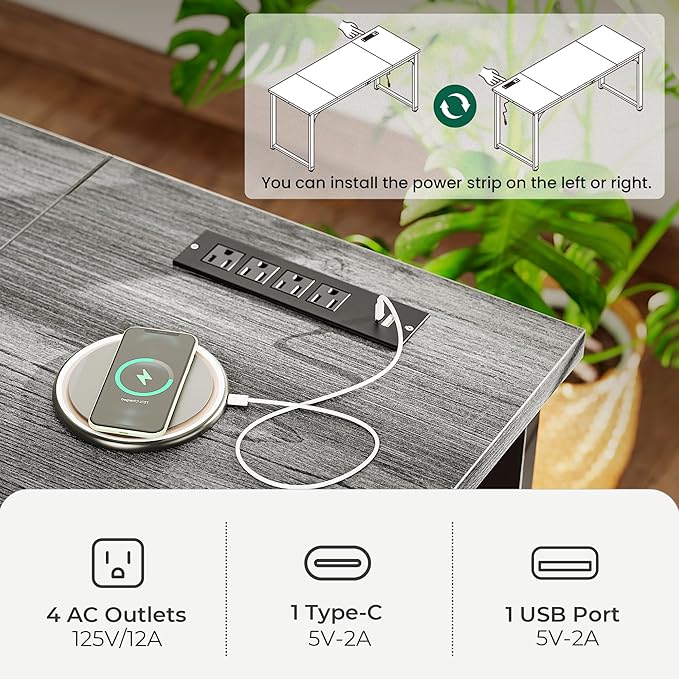 Huuger 63 x 24 inch Desk with Power Outlets & USB-C, Deeper & Thicker Desktop, Robust Metal Tubes, Computer Desk, Heavy Duty Office Desk, Work Gaming Desk, for Home Office, Grey