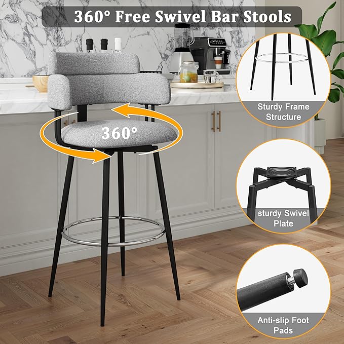 Swivel Bar Stools Set of 2, Counter Height Bar Stools with Ergonomic Full Back, Upholstered Linen Fabric Barstools with Chrome Metal Footrest for Kitchen Island, Dining Room