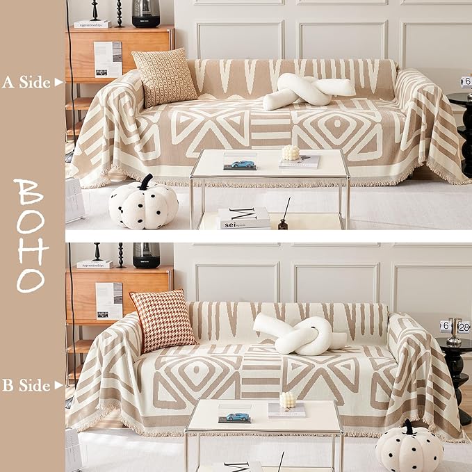 HANDONTIME Sofa Covers Armchair Boho Couch Cover for Dogs Khaki Throw Couch Cover with Tassel Chair Recliner Futon Cover Washable 1 Cushion Couch Non Slip Chenille Couch Protector, 59" X71"