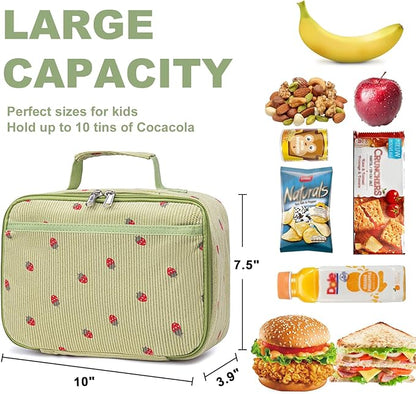 Bluboon Kids Girls Lunch Bag Insulated Lunch Box for school Corduroy Lunch Cooler Organizer School Kids Lunch Tote (Corduroy-Strawberries-Green)