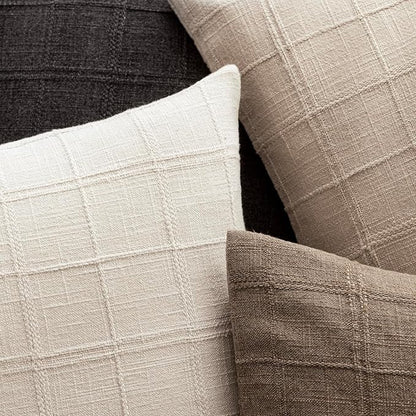 Foindtower Set of 2 Decorative Linen Check Throw Pillow Covers Neutral Farmhouse Vintage Cushion Covers Modern Boho Home Decor For Sofa Chair Couch Bedroom Living Room Outdoor,26×26 Inch,Natural Linen