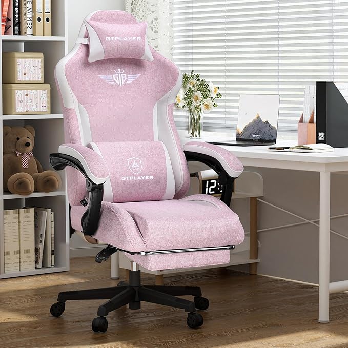 GTPLAYER Gaming Chair with Footrest, Big and Tall Game Chair High Back Computer Office Chair with Lumbar Support for Adults, Ergonomic Swivel Games Chair with Cushion Gaming Black Linen Fabric Pink