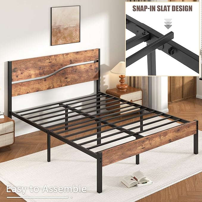 VECELO Queen Size Bed Frame with Wood Headboard and Footboard, 14 Inch Platform/No Box Spring Needed, Heavy Duty Support, Easy Assembly