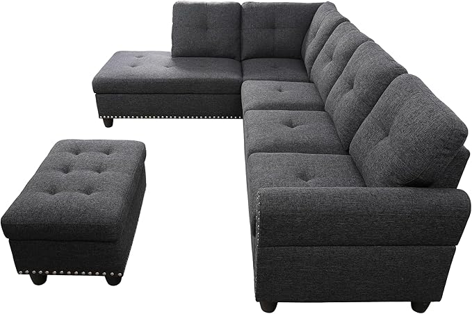 Ball & Cast 98" L Shaped Sectional Couch for Living Room with Chaise & Storage Ottoman,4 Seat Linen Upholstered Modular Sectional Sofa Set 3 PCS W/Cup Holders & Coffee Table,for Home,Office,Charcoal