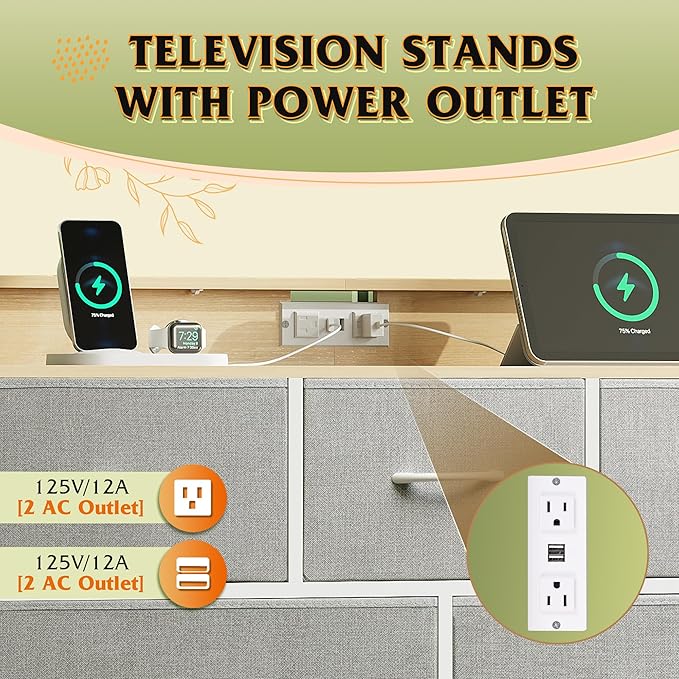 WLIVE Dresser TV Stand with Power Outlets, Led Dresser for Bedroom, Fabric Chest of Drawers with Open Shelves, Wood Top, Steel Frame, 6 Drawer Dressers for Closet, Living Room, Light Grey
