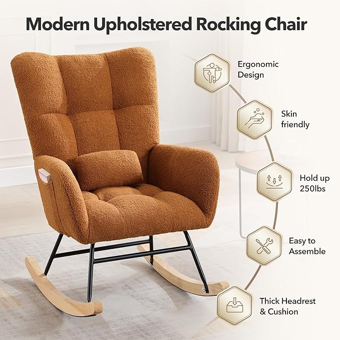 Nursery Rocking Chair,300Lb Glider Chair with Wood Legs/Two Side Pockets,Teddy Upholstered Glider Rocker with Padded Seat High Backrest for Living Room/Bedroom/Nursery