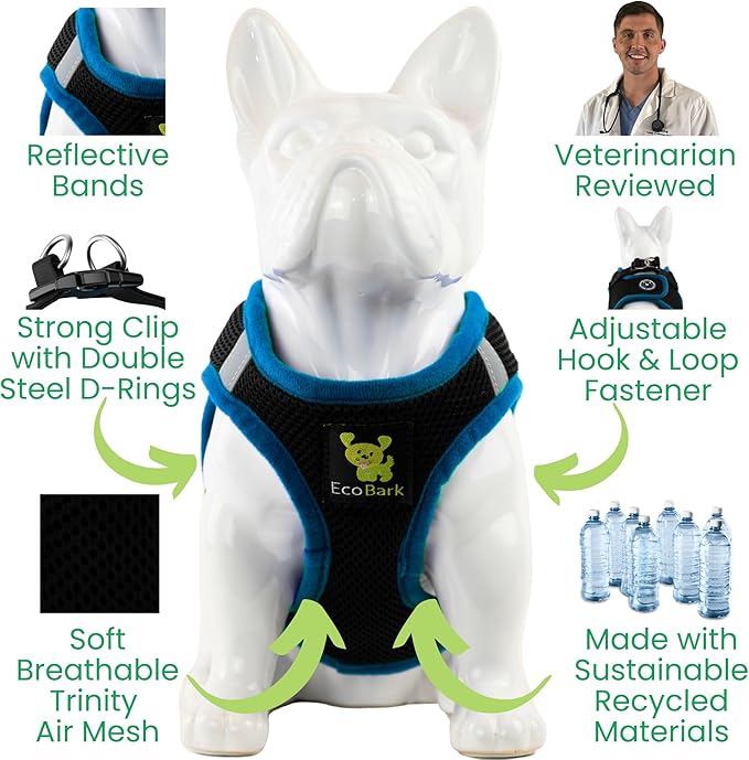 EcoBark Step in Dog Harness - Teacup Dog Harnesses for XXXS, XXS, XS and Small Dog Breeds - Reflective - Adjustable Mini Body Halter Vest - Tiny Soft Mesh Toy Breed (Black and Teal, XXXS)
