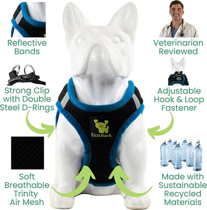 EcoBark Step in Dog Harness - Teacup Dog Harnesses for XXXS, XXS, XS and Small Dog Breeds - Reflective - Adjustable Mini Body Halter Vest - Tiny Soft Mesh Toy Breed (Black and Teal, XXXS)