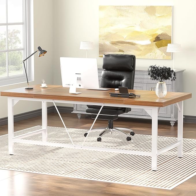 Unikito 70.8 Inch Extra Long Computer Desks, Heavy Duty Large Office Executive Desk, Sturdy 2 Person Desk, Premium Thick Study Writing Table Computer Table for Home Office Workstation, Rustic/White