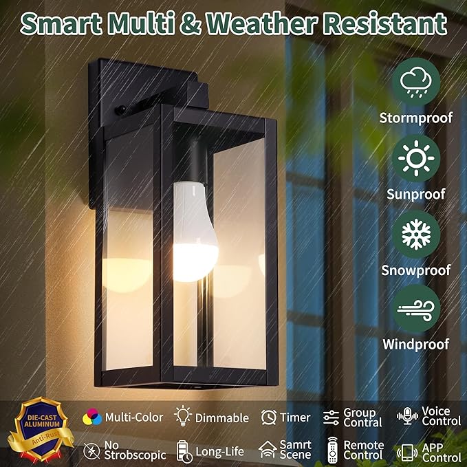 Outdoor Wall Light with Smart Bulb Exterior Lighting Fixtures Waterproof Porch Lights Outdoor Anti-Rust Wall Lantern with Clear Glass Outside Lights for House -2 Pack