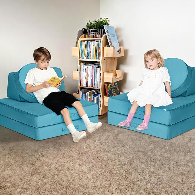 MeMoreCool Modular Kids Play Couch Sofa, 8-Piece Convertible Turquoise Toddler Sofa Play Set for Playroom and Baby