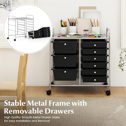 COSTWAY Rolling Storage Cart with 9 Drawer, Mobile Utility Cart with Metal Frame, Art Supply Craft Organizer, Multipurpose Storage Organizer for Paper, Office, School Teacher, Classroom, Black