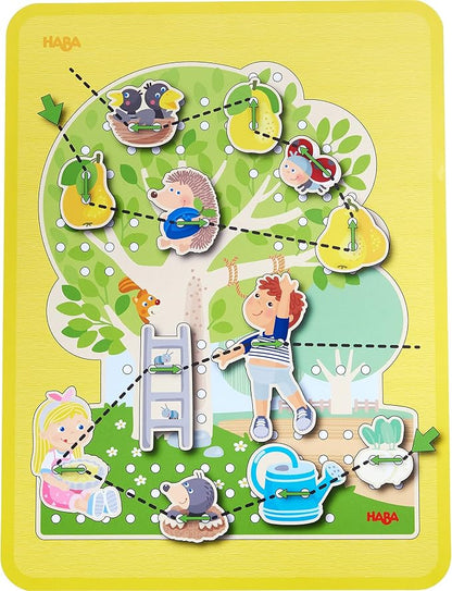 HABA Orchard Threading Game for Kids Ages 3-5, Lacing Tiles for Fine Motor Skills Development, Montessori Learning Toy for Preschoolers with 31 Fruit & Character Tiles